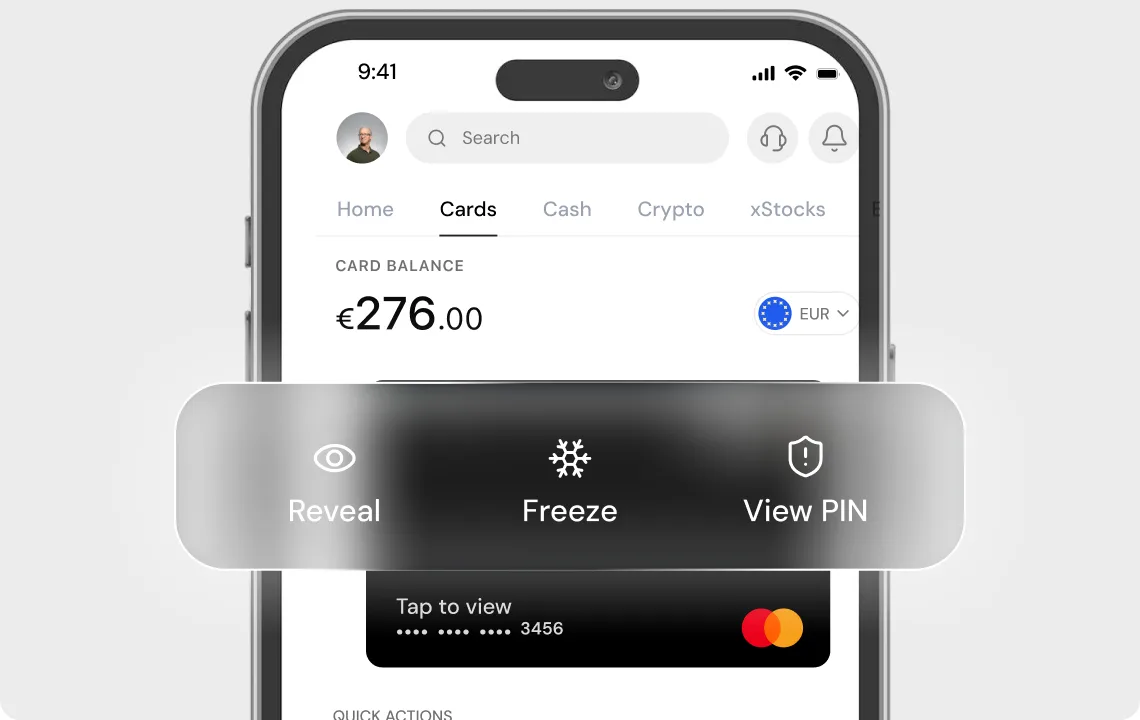 Tap app card security controls to reveal, freeze, or view PIN