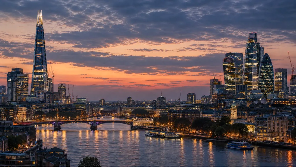 London skyline at dusk with Tap cashback balance card overlay