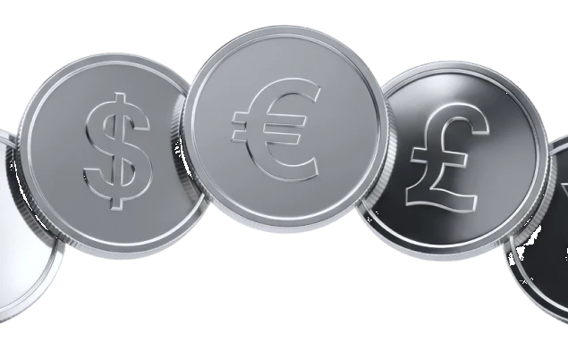 Silver coins showing franc, dollar, euro, pound and yen symbols